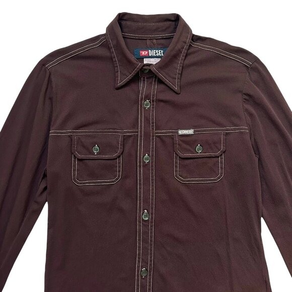 Y2K Vintage Diesel Nylon Western Top Long Sleeve Button Up Brown Pointed Collar. - Picture 2 of 7